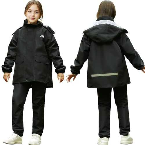 Domueay Fille Garçon Imperméable et Réfléchissante, Unisexe Léger Enfants Manteau Veste de Pluie et Pantalon Combinaison, Extérieur Randonnée Vêtements de Pluie Ensemble pour 9-10 Ans, Noir