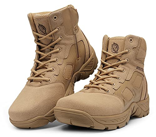 derlychug Men's Military Tactical Combat Side Zipper Lightweight Outdoor Hiking Boots Work Walking Desert Breathable Hunting Trekking（Sand,44.