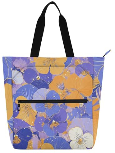 EtherSpher Lindas bolsas decorativas para niños, niñas y mujeres, flores abstractas, naranja, morado, pensamientos, resistentes al agua, bolsa de comestibles con cremallera para ir de compras
