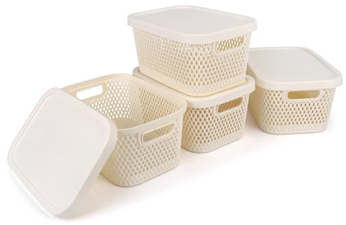 Spesh Lot de 4 Boîtes de Rangement avec Couvercles 3,5 L Petits Paniers de Rangement Boîtes Rangement en Plastique Empilables pour Maison Bureau Placards(Blanc)