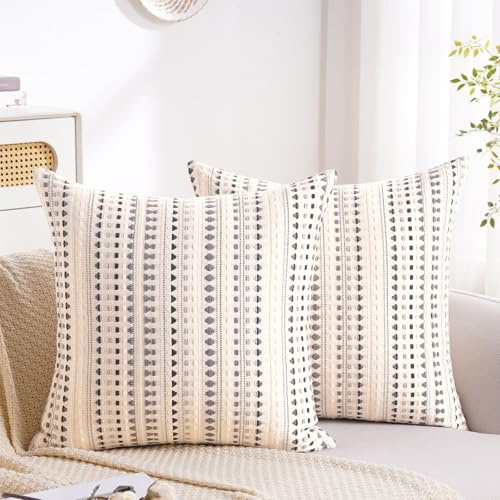 Habodd Boho Fundas de Cojines 40x40 cm Lino Algodón Beige Gris Fundas de Almohada a Rayas Textura Tejida Lujo Moderno Cuadrado Funda Cojin Decorativa para Sofá Cama Oficina Salón Juego de 2