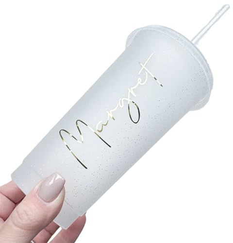 personalisierte Becher mit Deckel in Weiß Glitzer zum JGA | Mehrwegbecher mit Namen zum Junggesellinnenabschied für Frauen | Accessoires Team Braut