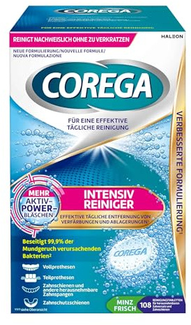 Corega Intensiv Reiniger (Tabs), 108 Stk. | Corega Intensiv Reiniger Tabs für Prothesen, Retainer & Aligner, Zahnschutzschienen und andere herausnehmbare Zahnspangen.