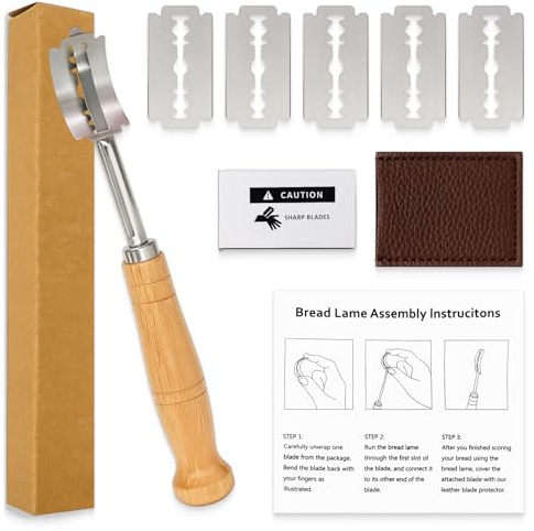 Couteau à pain 19 CM – Lame de boulanger avec 5 lames en acier inoxydable 06Cr13, manche en bois fait main, étui en cuir, outil professionnel pour pain, baguette, ciabatta et pains artisanaux