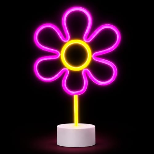 SWITCH U Luce Neon LED Fiore Decorativa - Lampada da Tavolo a Batteria Rosa Giallo - Neon Sign Fiore Camera Ragazza, Scrivania, Festa - 31x20x8,5 cm - Idea Regalo