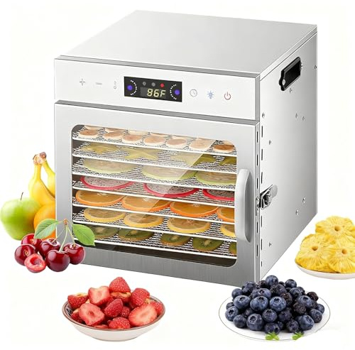 SJASD Essiccatore Alimentare Professionale in Acciaio Inox, 8 Vassi, 67 Ricette,di Temperatura da 30 a 90℃, Funzione Timer Fino a 24 Ore, Disidratatore per Frutta Carne Verdure Erbe