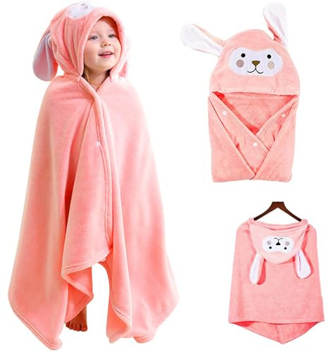 HUANYO Kids Poncho Hooded Towel 33x59 Inches | Rabbit Design Bath & Beach Towel | Extra Large, Ultra Soft 100% Cotton | Quick Dry Bathrobe for Baby, Toddler, Boys & Girls (Pink)