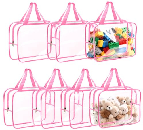 7 Packs Toy Storage Bags, 11.8 * 8.6 * 3.9inch Clear PVC Organiser Bags with Handle and Zips, Portable Toy Organizer for Puzzle, Building Blocks, Books (Pink)