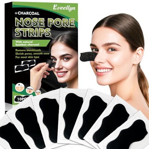 Eveellyn Pormaskborttagare Stripes, Naturliga Bambuskol Pormaskremsors, För att ta bort pormaskar och för att frigöra igensatta porer, För män och kvinnor 10 stycken
