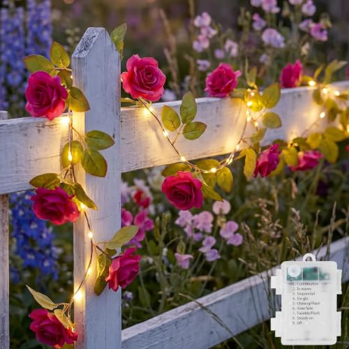 Ninonly Guirnalda Luces de Rosas, 2,2m 40 LED Flores Artificiales Rojo de Pilas con Hiedra, 8 Modos Guirnalda Floral para Interior Exterior, Decoración de Habitación Balcón Jardín Boda Ventana