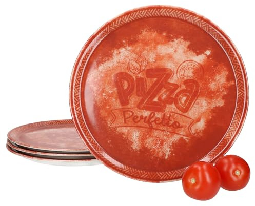 MamboCat Perfetto - Set di 6 piatti per pizza, diametro 31,5 cm, rosso, per 6 persone, in porcellana rustica per pizza, torte flambate e molto altro ancora, grandi piatti piani con decorazioni e