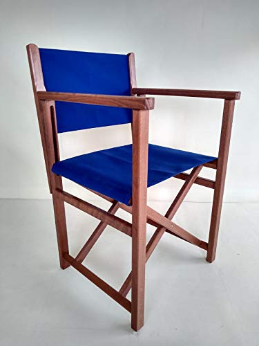 AUTENTICA SEDIA MINORCHINA – SEDIA DA REGISTA – SEDIA PIEGHEVOLE in LEGNO per ESTERNI COLOR BRANDY con TELA ACRILICA COLOR BLU