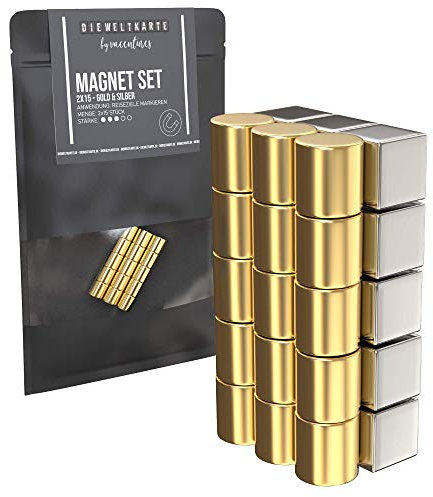 VACENTURES Neodym Magnete magnetische Weltkarte I 15x Magnet Silber + 15x Magnet Gold I Markiere Deine Reiseziele und Urlaube