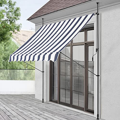 pro.tec Tenda da Sole a Muro con Pali di Supporto Telescopici Installazione Senza Fori Tettuccio Parasole a Manovella e Bracci Tela 250 x 120 cm (LxP) Blu Scuro-Bianco