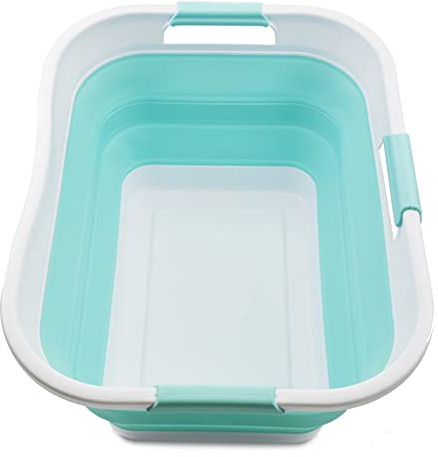 SAMMART 30L Faltbarer Wäschekorb aus Kunststoff – Faltbarer Pop-Up-Aufbewahrungsbehälter/Organizer – Tragbare Waschwanne – Platzsparender Korb/Korb -Wasserkapazität 24L (1, Weiß/Seegrün)
