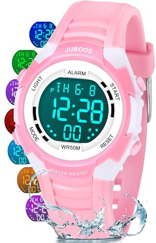 Juboos Digitalklockor för barn, 7 färger LED-ljus, vattentät, larm, stoppur, utomhusarmbandsur för barn 5–18 år, ROSA, Modern