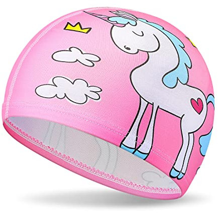 Girls Kids Swimming Caps Pink Unicorn Swim Caps for Kids Elastic Stretchable Bathing Hat for Children Toddler Baby Boys Aged 1-8 Long and Short Hair
