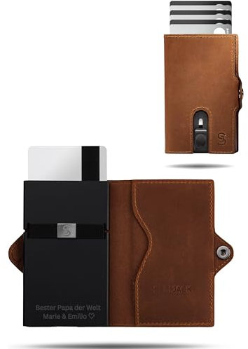 SLIMJACK Smart Wallet mit Gravur Wunschtext - Kreditkartenetui mit RFID-Schutz - Geldbeutel für Herren - Slim Wallet mit Münzfach - Smart Wallet für Karten & Münzen - Hellbraun