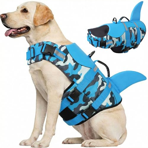 CITÉTOILE Flytväst för små, medelstora och stora hundar med handtag och reflekterande, hundar flytväst haj hund liv jacka med bra flytkraft, lätt och säker för vattensporter, bleu kamouflage, XL