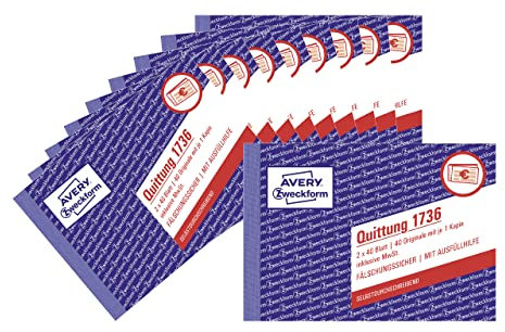 AVERY Zweckform 1736-10 Quittungsblock (A6 quer, 2x40 Blatt, selbstdurchschreibend, fälschungssicherer Dokumentendruck, für Beträge unter MwSt. für DE/AT) 10er-Pack, weiß/gelb