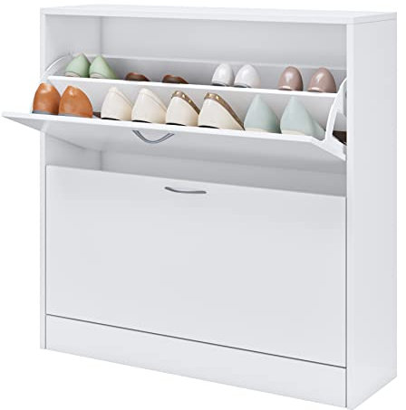 FirFurd Schuhschrank schmal weiß, Schuhkipper mit 2 Klappschubladen, Schuhregal platzsparend für 8-16 Parre, Schuhkipper schmal für Flur, Eingang Schuhschrank Holz 80x80x23.5cm