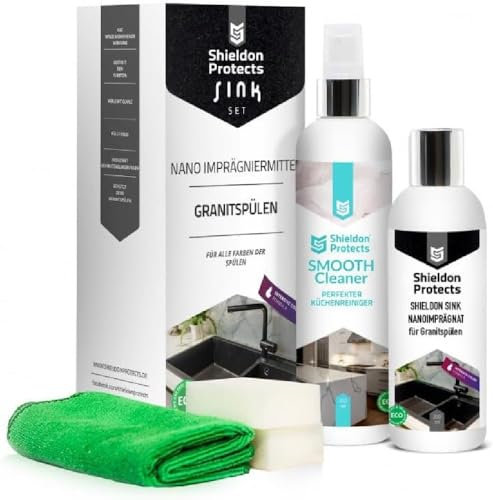 Shieldon Protects Composite and Granite Sink Impregnation Set - Daily Cleaner + Impregnator - Cleaning and Protecting Products for Black White Kitchen Sink - 2 Sponges & Cloth