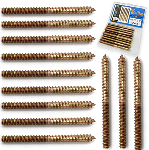 Yoliko 12 Pack 1/4-20 x3 Inch Hanger Bolts 1/4-20 Double Headed Bolts 1/4 Wood Dowel Screw Self-Tapping Screw Hanger Bolts for Furniture Double Head Threaded Rods Bolt 76.2mm Length