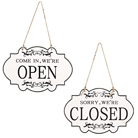 Letrero abierto y cerrado para negocios con cuerda reversible de doble cara, letreros de negocios de 11.8 x 7.9 pulgadas, adecuado para colgar en una puerta de tienda o en una ventana. (blanco)
