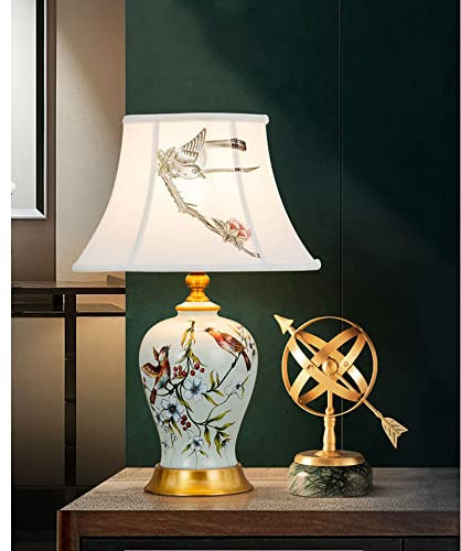 Chao Zan Lampe de table en céramique blanche, élégante et rétro, avec abat-jour en tissu, pour salon, chambre ou bureau, E27 (ampoule non fournie)
