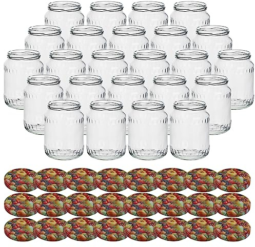 gouveo 24er Set Einmachgläser 720 ml Facette mit Schraub-Deckel Früchte - Große Vorratsgläser mit Drehverschluss TO82 - Leere Schraubgläser, Aufbewahrungsgläser für Marmelade, Selbstgemachtes
