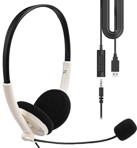 Geekria CasqueUSB avec option micro et sourdine,casque filaire pour PC,ordinateur portable,casque d'ordinateur avec microphone antibruit,confort toute la journée pour les réunions,l'école(blanc cassé)