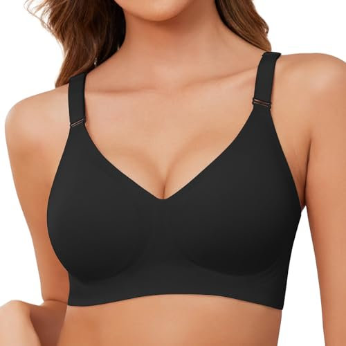 Xnova Womens Bras Seamless Full Coverage Ladies Non Wired Support V Neck Padded Comfort Sleeping Bra Soft T Shirt Bra Wireless Zero Feel Bralettes, Black, L