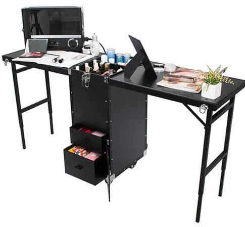 COYEUX Tragbarer, rollender Make-up-Zugkoffer, professioneller Make-up-Trolley, mit 2 erweiterbaren Bodentischplatten und 4 Schubladen mit Spiegellautsprecher, für abschließbare Salonreisen