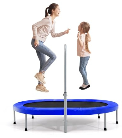 LIFEZEAL Trampoline Pliable 2 Personnes, Trampoline de Fitness avec Main Courante Réglable à 5 Hauteurs, Trampoline de Loisir Ovale Extérieur Intérieur, pour Enfant Adulte, Charge 150 kg (Bleu)