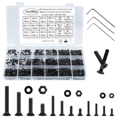 FandWay 900Pcs Bolts and Nuts Set,M2 M2.5 M3 Countersunk Machine Screws,DIN 7991 Allen Screws,Flat Head Black Bolts and Washers Set 10.9 Grade Alloy Steel Fully Threaded With 3 Allen Key.