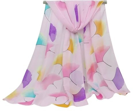 GONMFKM Fashion Chiffon Hijab Muffler Scarf For Women Colored Fan Shaped Leaves Scarf Shawl Sunscreen Print Silk Feeling Chiffon Scarf Scarves,Hijab Ring Scarf Decorate,Pink,50 * 160Cm