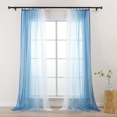 L.Z.E Vorhänge Gardine Farbverlauf mit Kräuselband Vorhang Blau Weiß für Wohnzimmer Kinder Mädchen Schlafzimmer Fenster Transparent 2er Set Voile Gardinen Schal 140 x 245 cm Lang (LZE2220T-BL245)