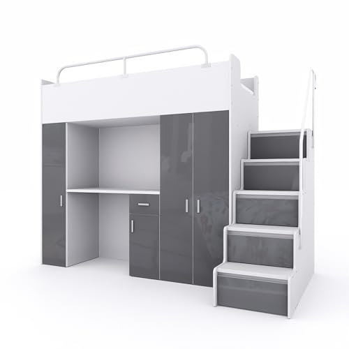 Marlux-Meble Hochbett Kinderbett JSM-5 80x190 mit Kleiderschrank Schreibtisch und Treppe Glanz Etagenbett Stockbett Jugendhochbett (Violett Glanz)