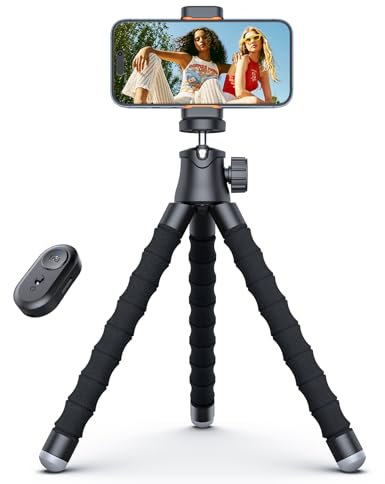 Phone Tripod, Portable and Flexible Phone Stand for Video Recording with Wireless Remote, 360° Rotating Tabletop & Travel Tripods for iPhone, Smartphones, Camera