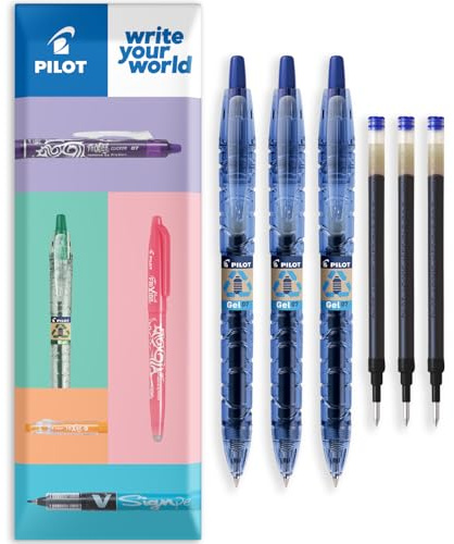 Pilot B2P Gel-Tintenroller, Begreen Range, 89 % recycelt, blaue Tinte, Packung mit Stiften und Nachfülltinten, in Kissenverpackung (3 + 3 Stück)