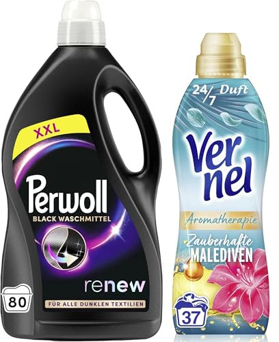 PERWOLL Black Waschmittel (80 WL) - Feinwaschmittel reinigt sanft und erneuert dunkle Textilien - mit Dreifach-Renew-Technologie & VERNEL Aromatherapie Zauberhafte Malediven Weichspüler (37 WL)