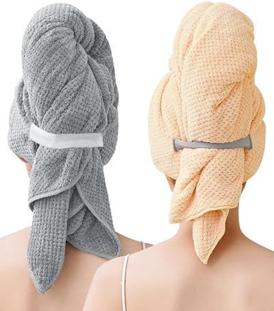 BellaGesundheit 2 turbanti per capelli in microfibra con fascia elastica, 100 x 60 cm, ad asciugatura rapida e super assorbente, per capelli lunghi e spessi (grigio e cachi)