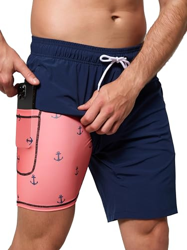Arcweg Men's Swim Shorts Long Length Swimming Trunks with Compression Lining 2 in 1 Swimming Short with Zipper Pockets Men's Swim Trunk Quick Dry Double Layer