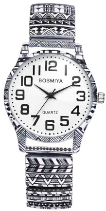 JewelryWe Uhren Damen Edelstahl Elastisch: Vintage Boho Analog Quarz Armbanduhr Frauen Edelstahl Stretch Armband Uhr mit ultraklaren großen arabischen Zahlen Zifferblatt