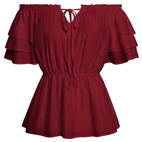 SCARLET DARKNESS Blouse de style Renaissance pour femme, Vintage à épaules dénudées, Haut médiéval à volants, bordeaux, S