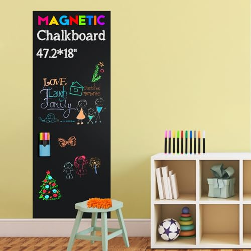 Magnetische Tafelfolie Selbstklebend Schwarz 120x45 cm – Abwischbare Magnettafel mit 12 Flüssigkreide Markern für Zuhause, Kinder & Büro, Ideal zum Zeichnen und Lernen