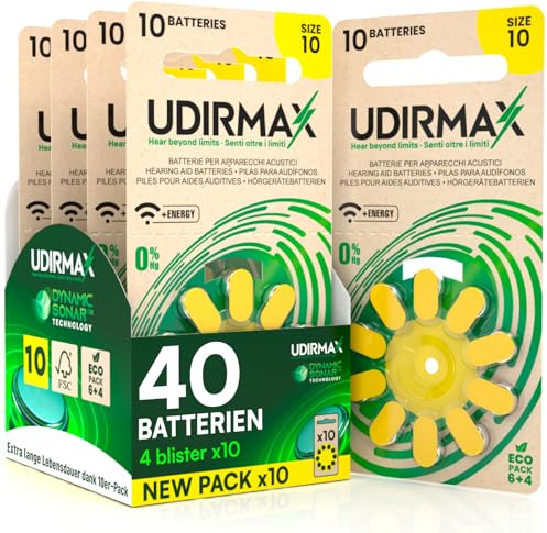 40 Batterien für Hörgeräte PR70 Größe 10 (Gelb) Udirmax Zink-Luft 0% Quecksilber 1,45V Batterien mit Dynamischer Sonartechnologie Eco Pack - 4 Eco Blister mit 10 Batterien