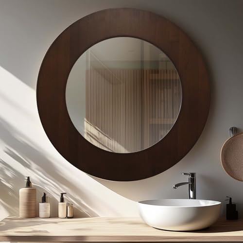 Espejo Redondo de Pared en Madera Color Nogal, Ancho 10 cm, 80 cm Exterior | Para Recibor, Salón y Baño