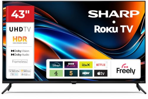 Sharp 43-inch 4K Ultra HD Frameless LED Roku Smart TV Dolby Vision HDR HDMI eARC Freely Included 43HJ4325K (HJ Series) | Dolby Vision HDR10, HDMI eARC, Freely Included, HJ Series