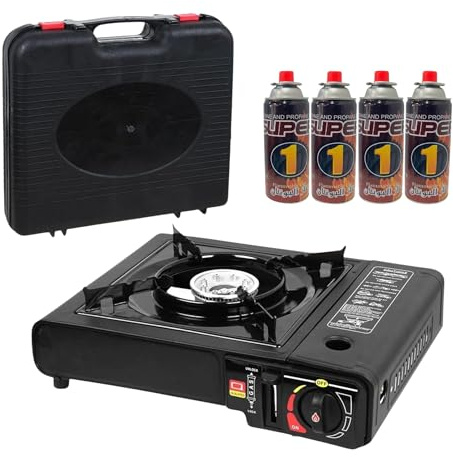 CVS Portable Camping Stove with 4x220g Butane Gas Canisters & Carry Case, Piezo Ignition Gas Cooker with Adjustable Heat Control, Portable Butane Gas Stove for Camping, Caravan, BBQ & Outdoor Cooking
